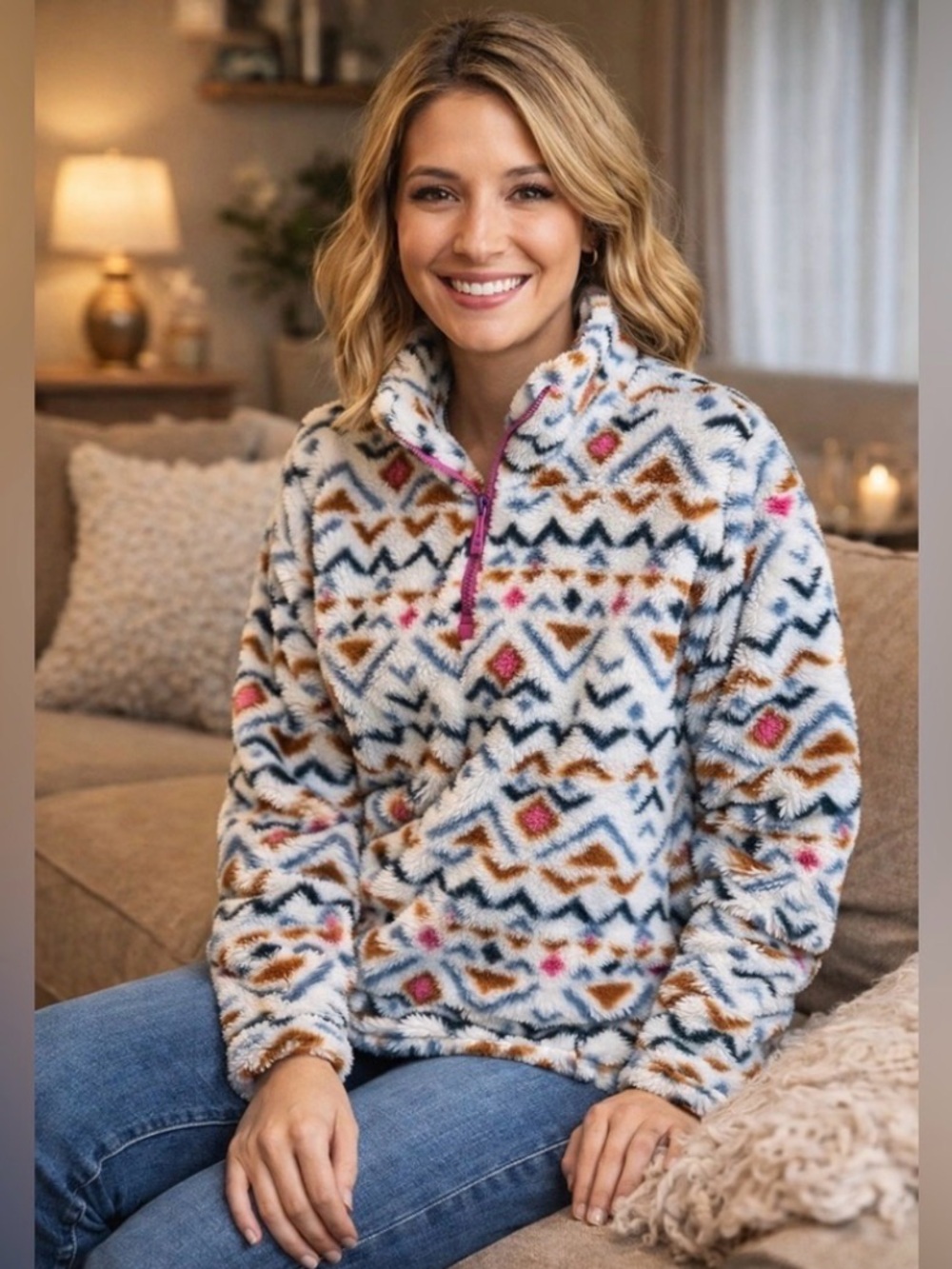 Eddie Bauer Cream Fuzzy Pullover with Brown, Navy & Pink Pattern